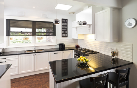black and white themed kitchen